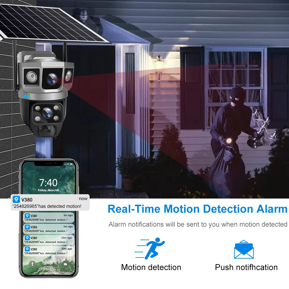 V380 Pro 4G Solar Camera 3 Screens Dual lens IP Security Cameras 12MP HD Solar Built in Battery Waterproof Outdoor CCTV