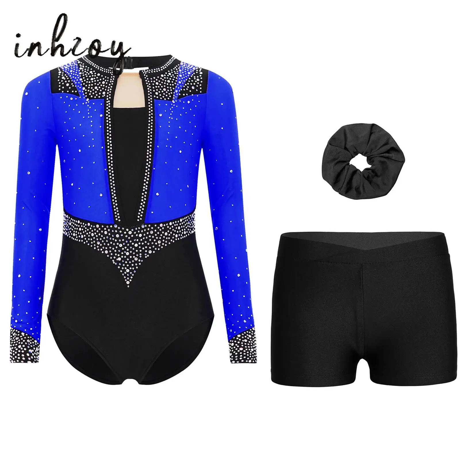 

3Pcs/Set Kids Girls Gymnastics Figure Skating Dance Outfit Keyhole Back Shiny Rhinestones Long Sleeve Leotard+Shorts+Hair Band
