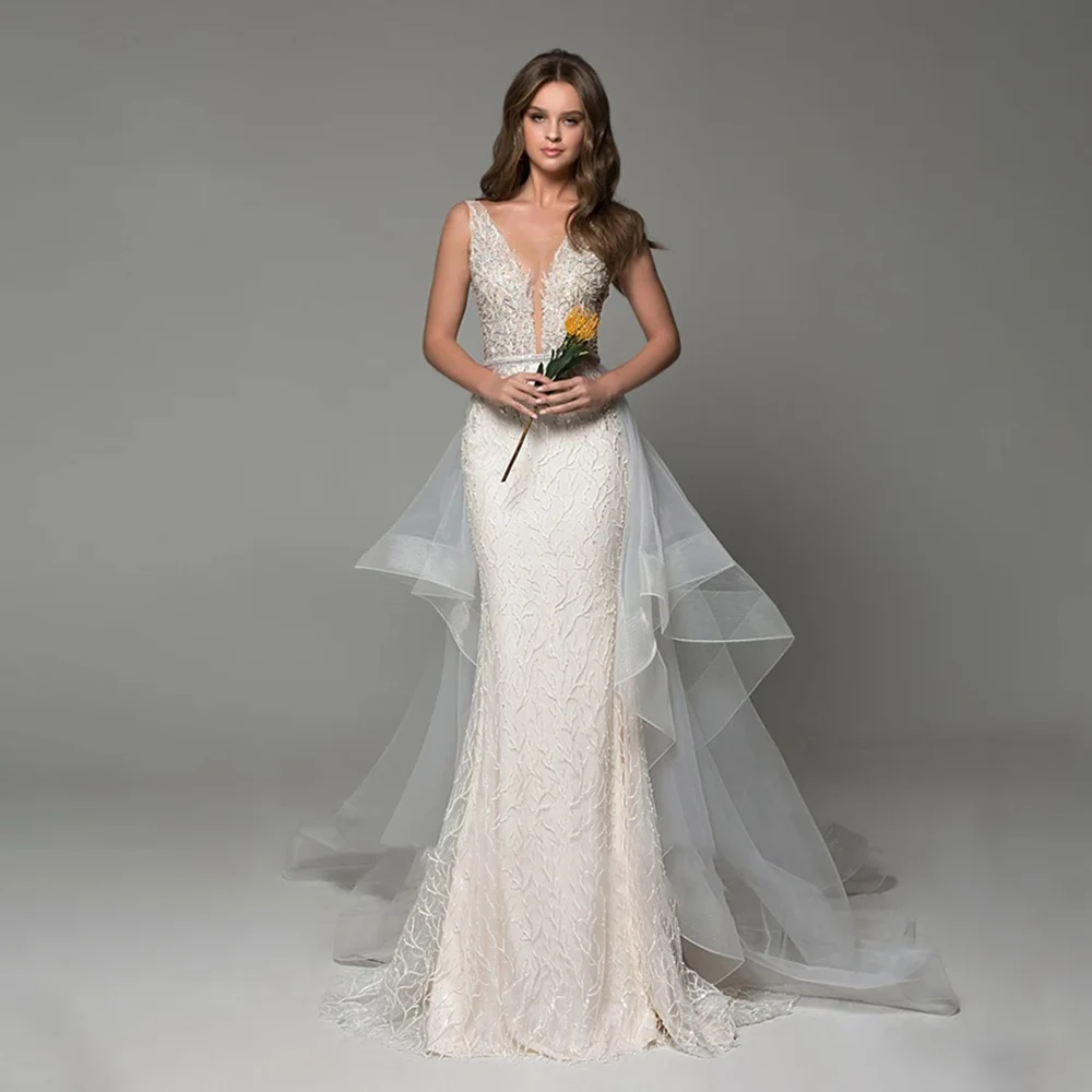 Sexy A Line Bridal Gowns 2024 V-neck Sleeveless Bead Backless Wedding Dress Customized High Quality Princess Bride Dresses