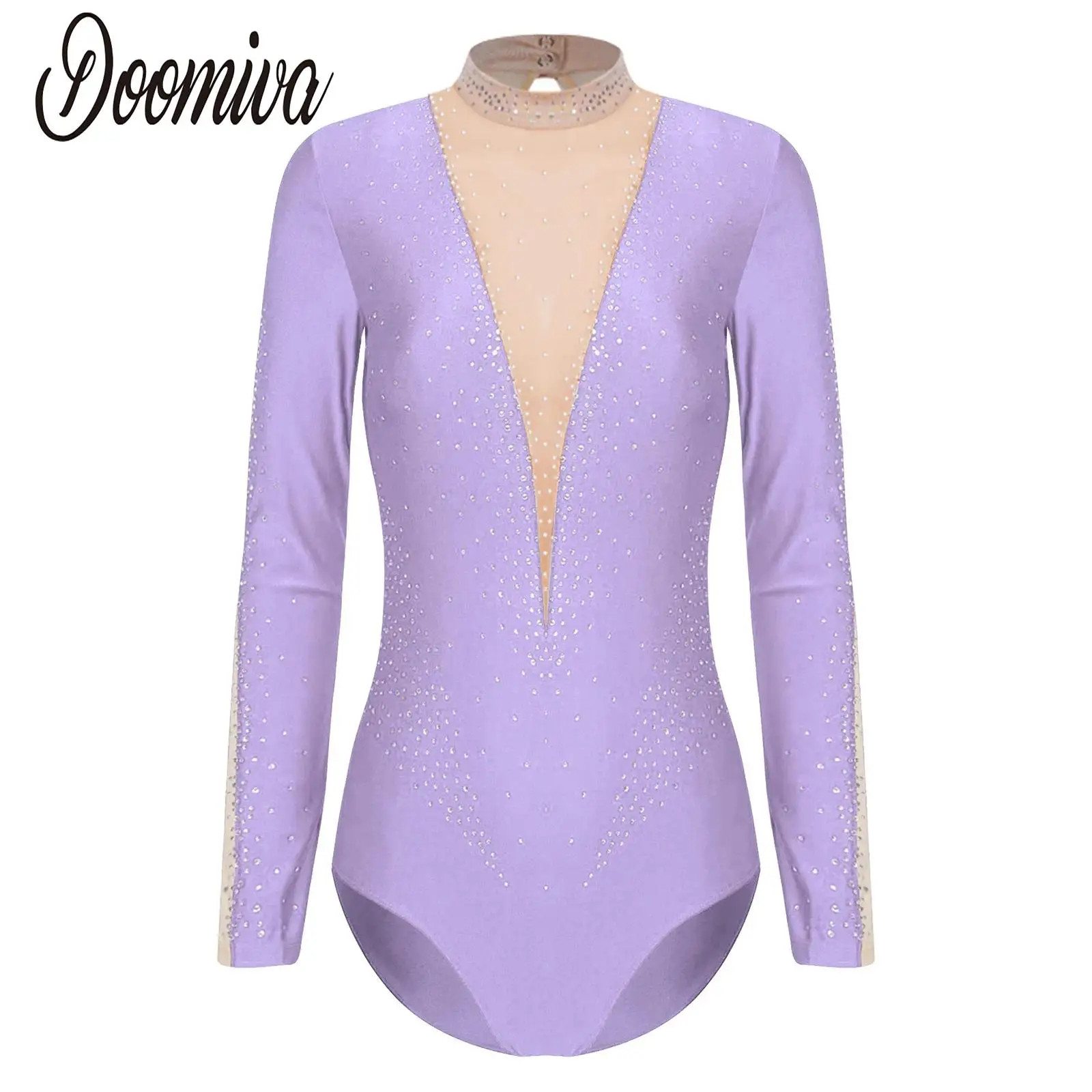 Women Rhinestones Dance Ballet Leotards Mesh Patchwork Long Sleeve Bodysuits for Gymnastics Figure Skating Competition Dancewear