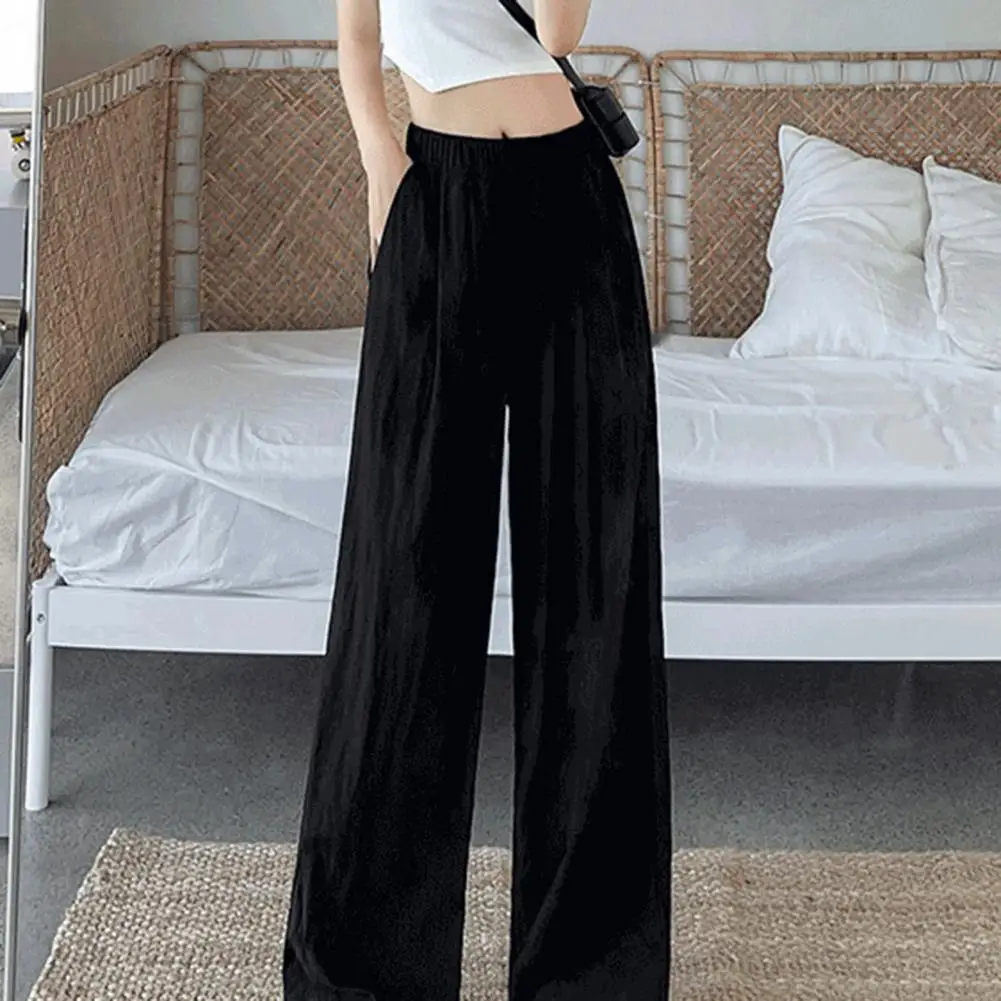 

Women Bottoms Elegant Wide Leg Pleated Trousers for Women High Waist Solid Color Pants for Work Leisure Elastic Waist Trousers