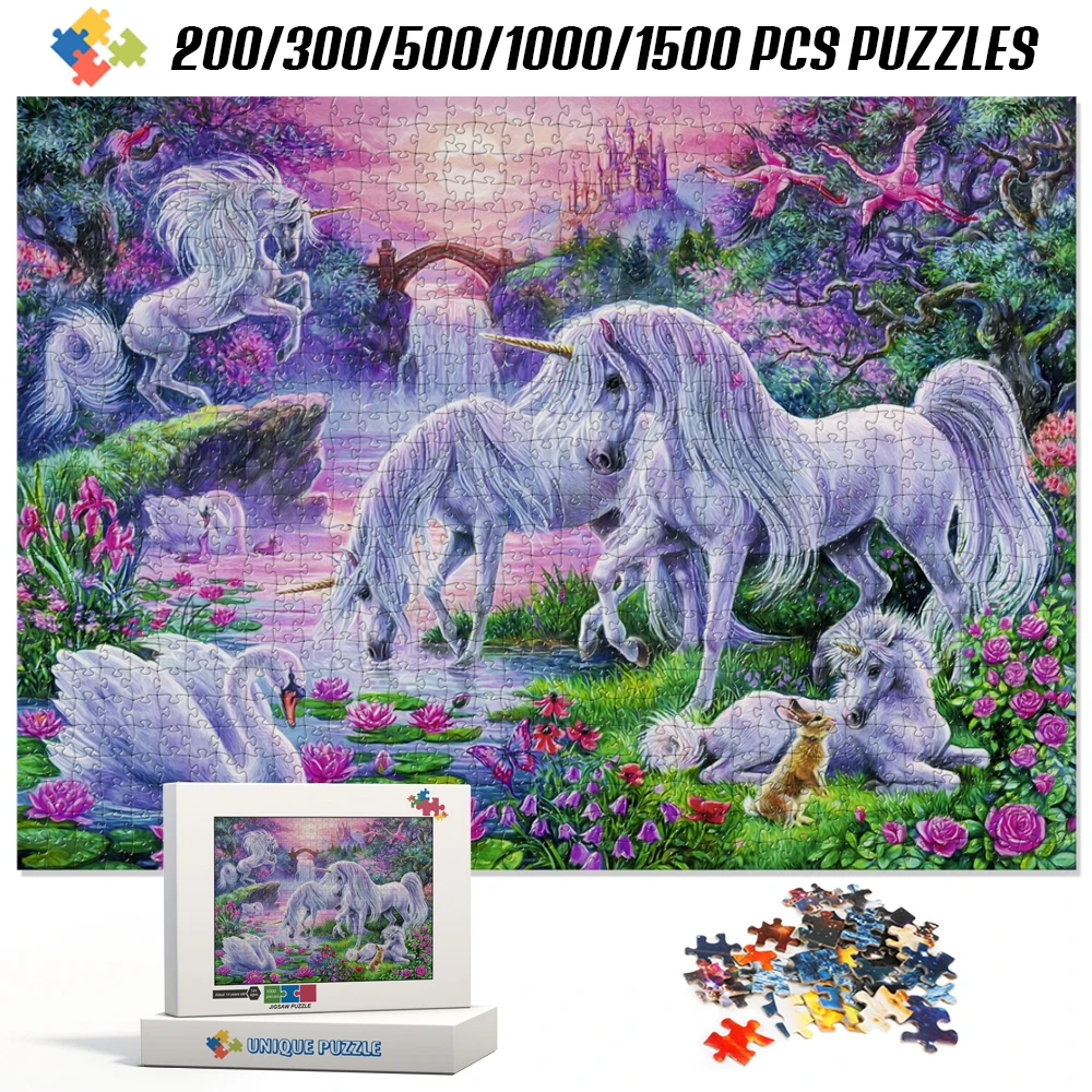

108/200/300/500/1000/1500 Pcs Unicorn Jigsaw Puzzle Cartoon Pattern Educational Learning Toys Children Adults Decompression Gift