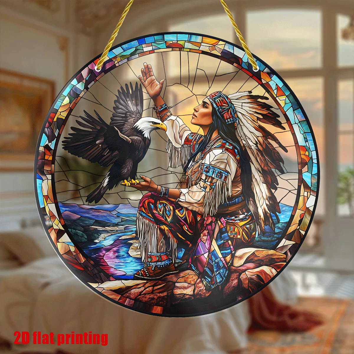 2D-Flachdruck, Native American Frau und Adler Sonnenfänger, Wandskulptur aus Acryl zum Aufhängen am Fenster, Dekoration für Zuhause und Büro