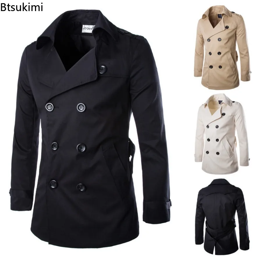 Veste mi-longue à double boutonnage en coton pour hommes, manteau de style anglais, boutique coupe-vent, mode masculine, gentleman d'affaires, 2024