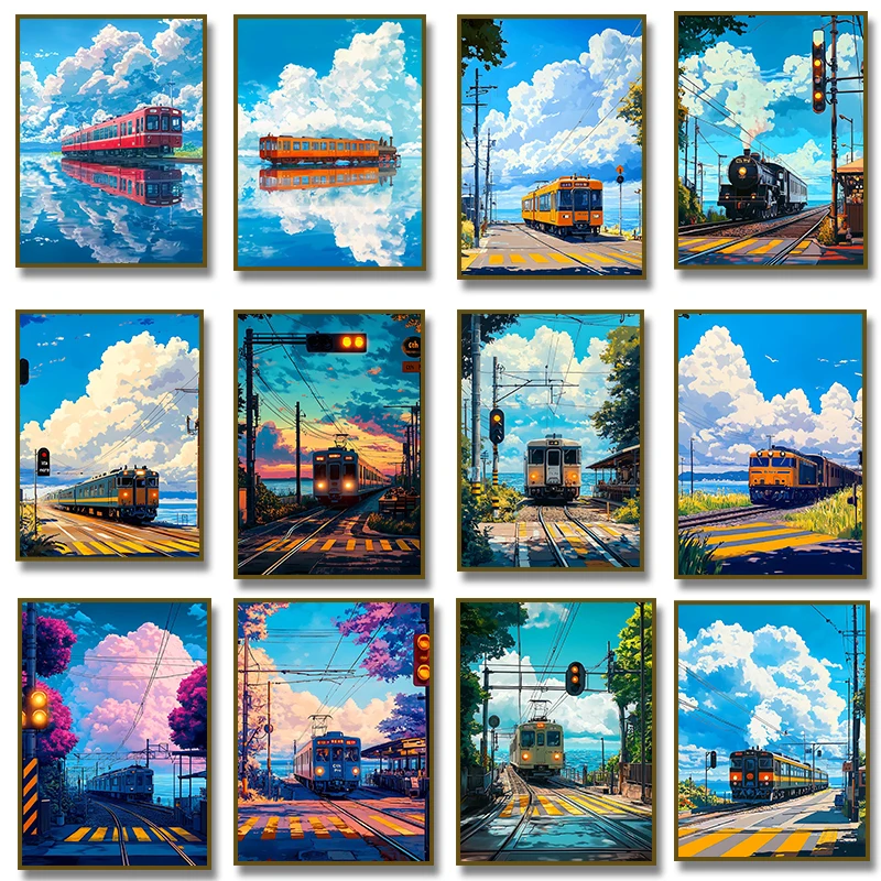 انمي ياباني قطار الترام سحابة شارع المحيط عرض المشهد المشارك يطبع حائط لوح رسم صورة فنية لغرفة ديكور المنزل