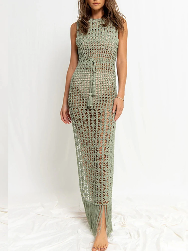 Totatoop Häkeln, aushöhlen, gestrickt, Badeanzug, Cover-Up-Kleid für Frauen, 2024, Sommer, ärmellos, hohe Schlitzquaste, Bobo-Maxikleider