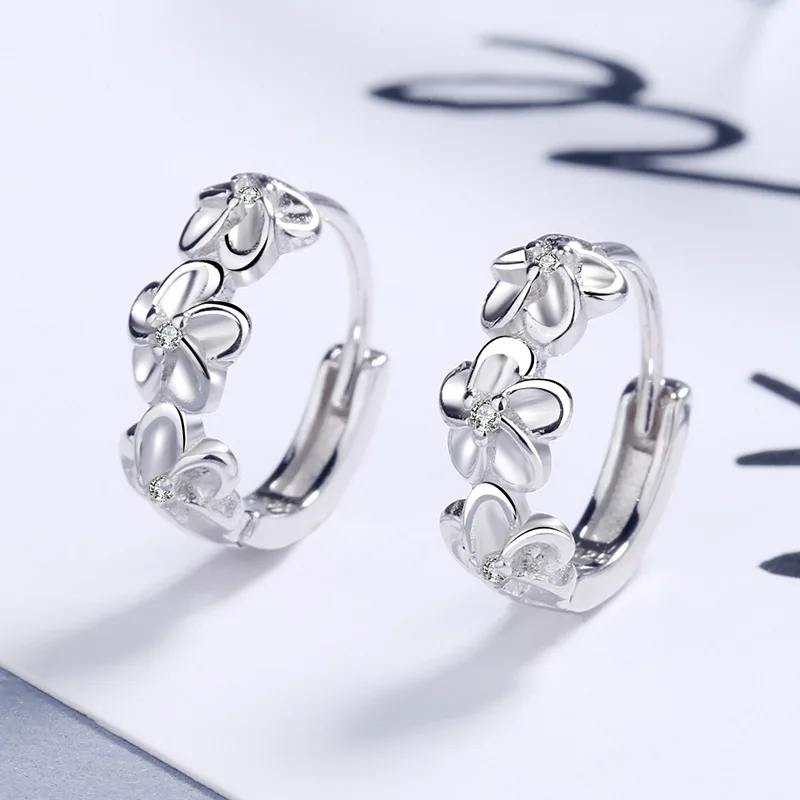 925 sterling silver needle new women\'s fashion high quality jewelry crystal zircon flower type three five-leaf flower earrings