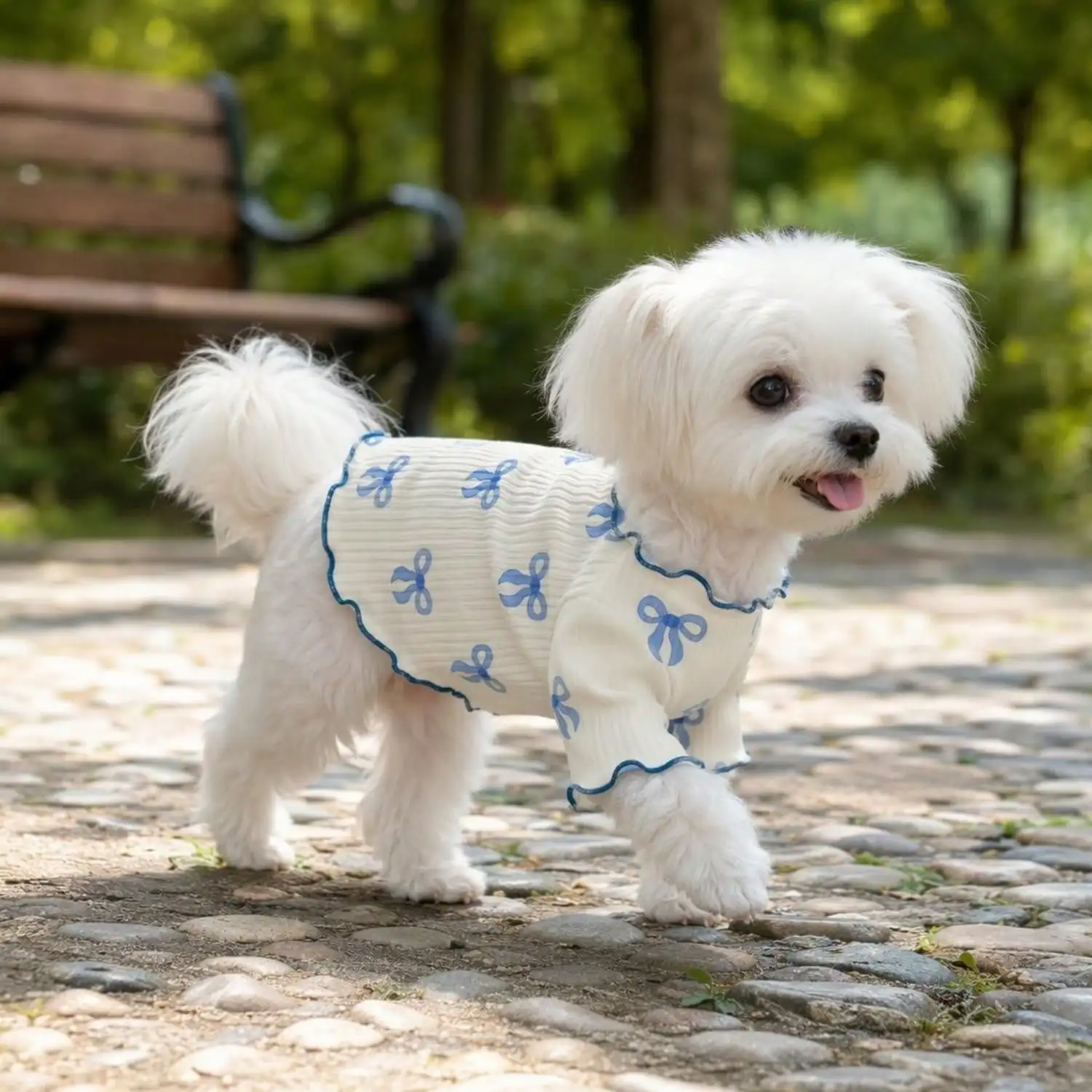 Geripptes Haustier-T-Shirt mit Herz- und Schleifendruck und Rüschenbesatz für kleine Hunde und Katzen – Detail 21