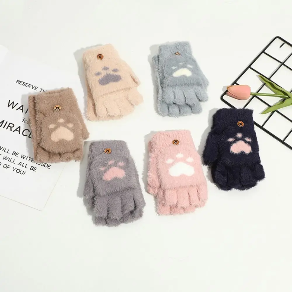 New Cartoon Cat Paw Gloves Warm Fleece Soft Plush Flip Knit Mittens Fingerless Thicken Touch Screen Gloves Women Girls