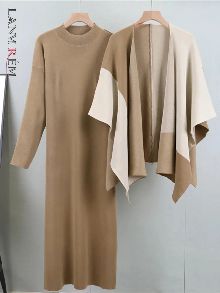 LANMREM Elegant Block Color Cloak Shawl With Half High Collar Long Sleeves Knitted Dress Two Piece Set 2024 Autumn New 2Z2835