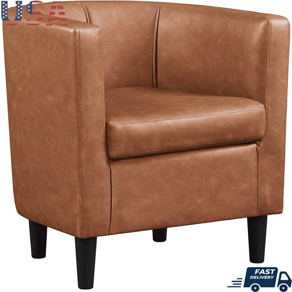 

Faux Leather Upholstered Barrel Chair with Removable Cushion Living Room Office Guest Room Coffee Shop 300lb Capacity