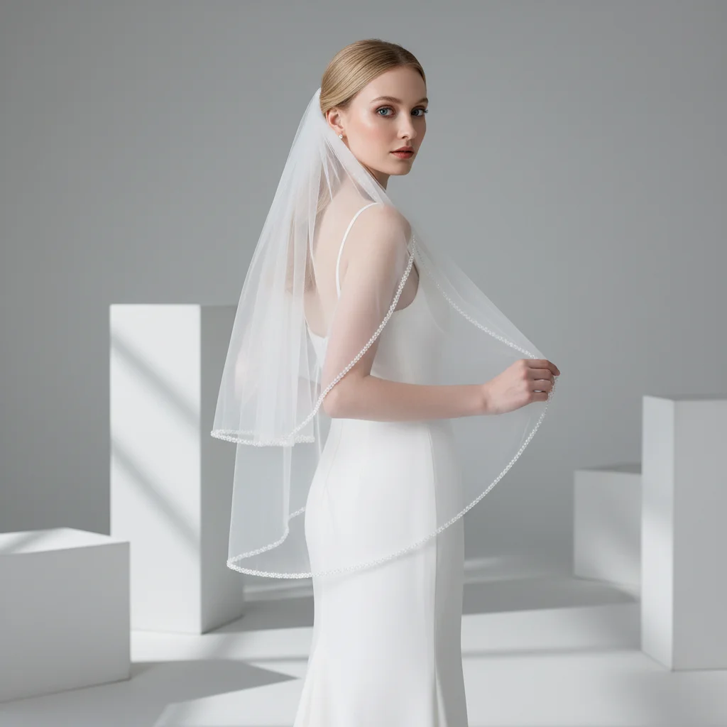 Classic Double Tiers Wedding Veil with Comb & Tubular Beads Edge Handcrafted for Church Wedding Engagement Celebration G59