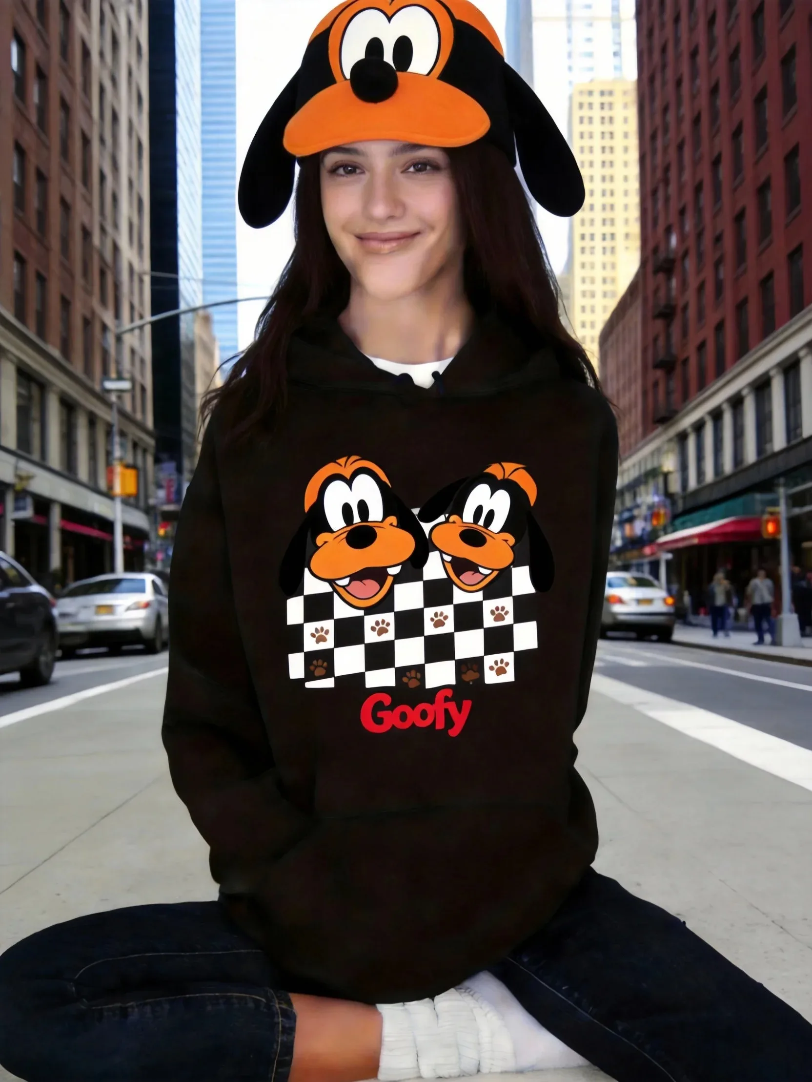 

Худи унисекс черное хлопковое с принтом Disney Goofy в клетку, с мультяшным персонажем, с длинными рукавами, пуловер с капюшоном, 2026