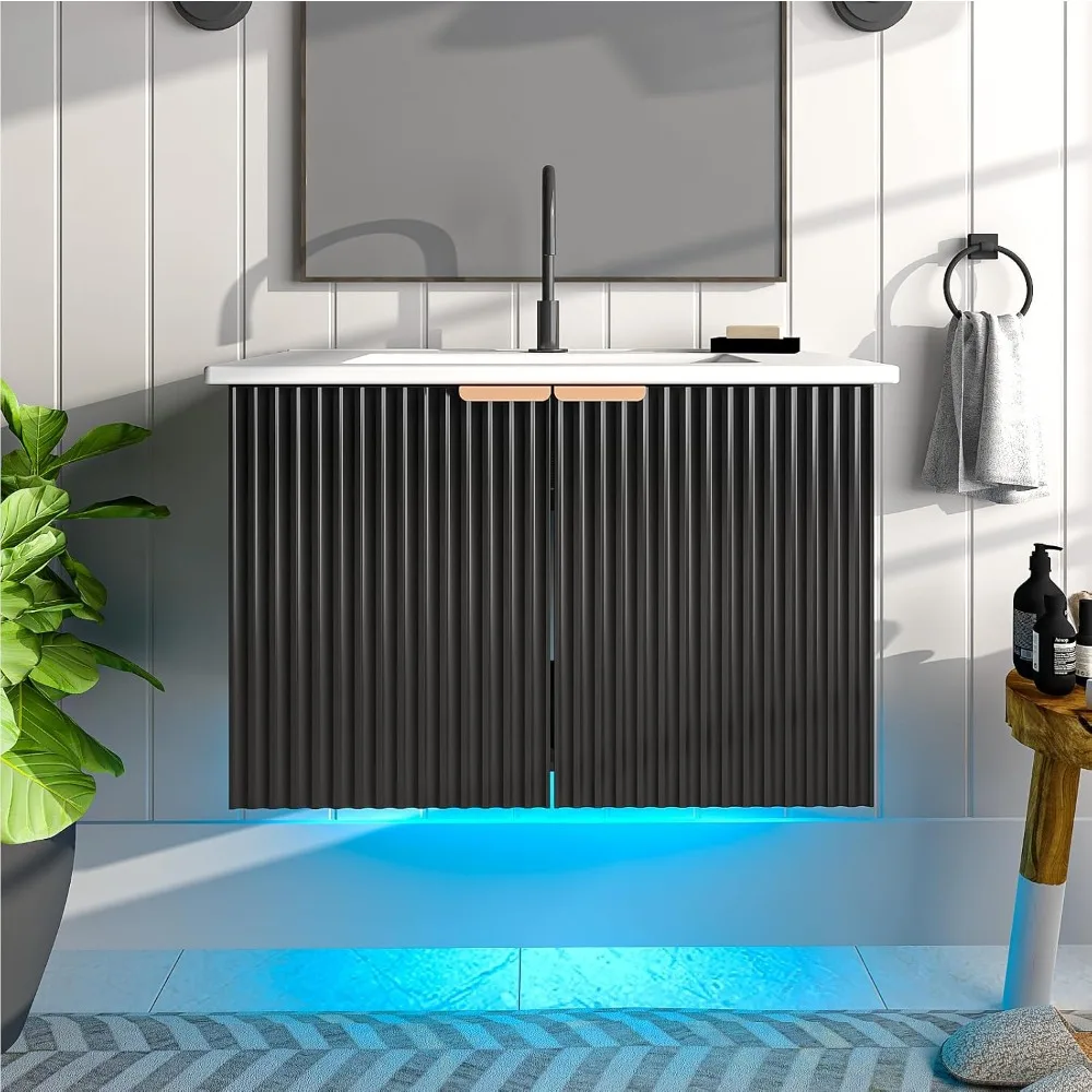 

Vanity with Sink, 30" Wall Mounted Floating Vanity Cabinet, Modern Bathroom Sinks with LED Light, Metal Handle