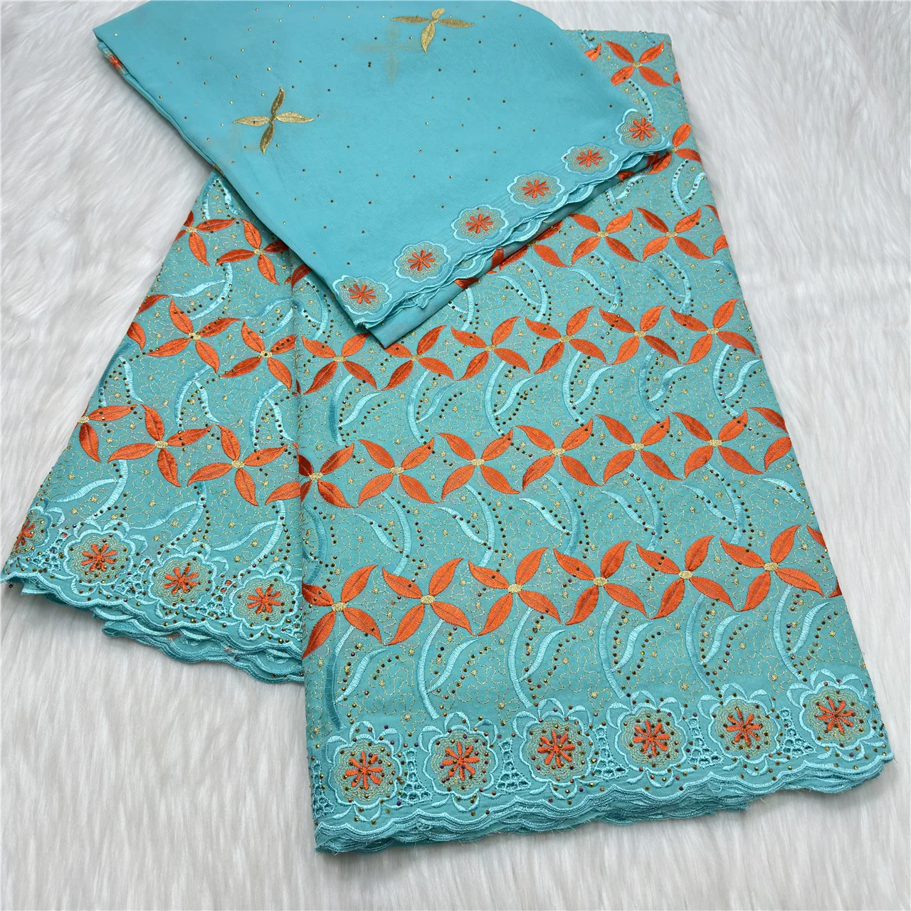 

Fashion 5+2 Yards African Swiss Voile Lace 100% Cotton Embroidery Lace Fabric with Stones for Clothing Materials 23A175