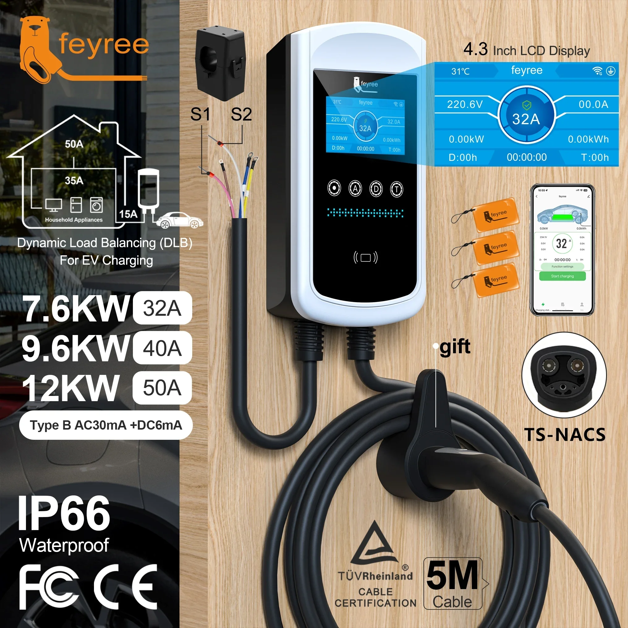 feyree Dynamic Load Blancing  EV Charging Station 32A 7KW TS-NACS Charger Plug Car Charger EVSE Wallbox 9.6KW 12KW APP Control