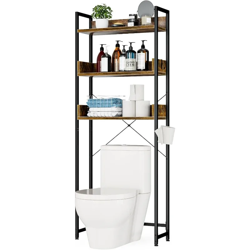 3 Tier Bathroom Organizer Shelf, Freestanding Space Saver with Toilet Paper Holder, Multifunctional Over The Toilet Rack