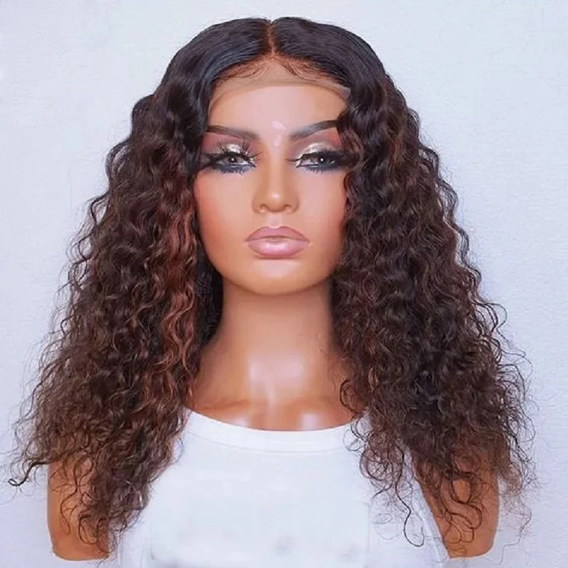 Ombre Brown Soft 26“Long Kinky Curly 180Density Lace Front Wig For Women Babyhair Prelucked Heat Resistant Synthetic Glueless