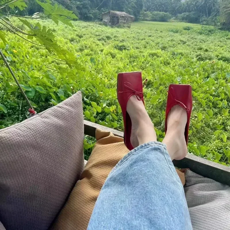 Bow Luxury Women Shoes Designer Slippers Flats Sandals 2024 Trend Heels Square Toe Casual Mules Flip Flops Sandalias De Mujer