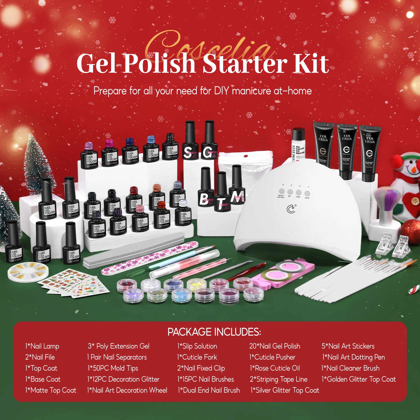 Coscelia Nail Beginner Set 20PCS Gel Polish 7ML 3PCS Poly Extension Gel 16ML and Nail Lamp Dryer Christmas Gift Box