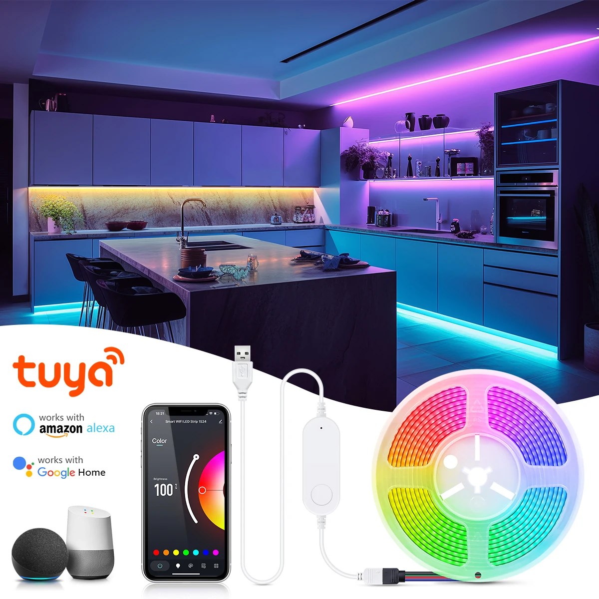 Tuya Smart APP Control WiFi /Bluetooth RGB LED Strip Light Dimmable USB COB Adhesive Ribbon for TV Computer Ambinet Backlight
