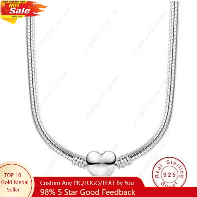 

Heart Love 925 Sterlin Silver Snake Chain Necklace Secure Ball Clasp Beads Charms Chocker Necklace For Women Wedding DIY Jewelry
