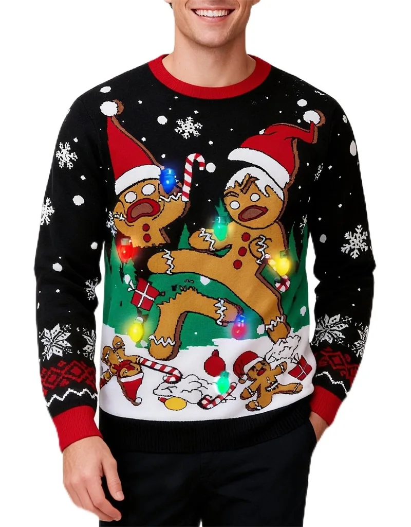 

Ugly Christmas Sweater For Men 3d Print Fake Light Up Santa Claus Funny Xmas Pullover Sweatshirt Gingerbread Man Jumper