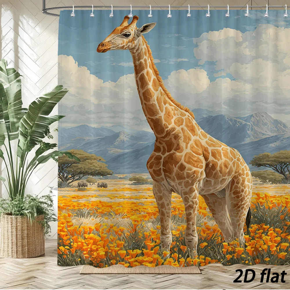 

Занавеска для душа с изображением жирафа – величественный жираф в цветущем пейзаже саванны, полиэстер, 70,8x70,8 дюймов, можно стирать в машине, 12 крючков.