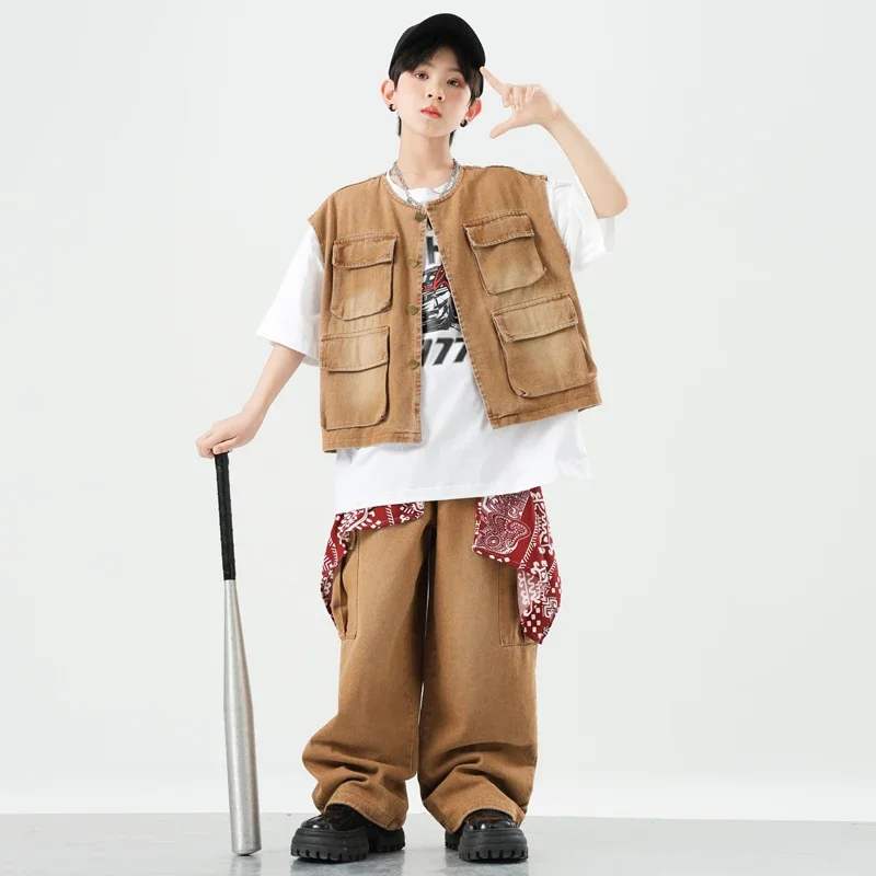 Hip Hop Stage Boys Vest Tshirt Cargo Pants Girls K-pop Cool Jazz Jacket Street Dance Costumes Children Clothes Kids Streetwear