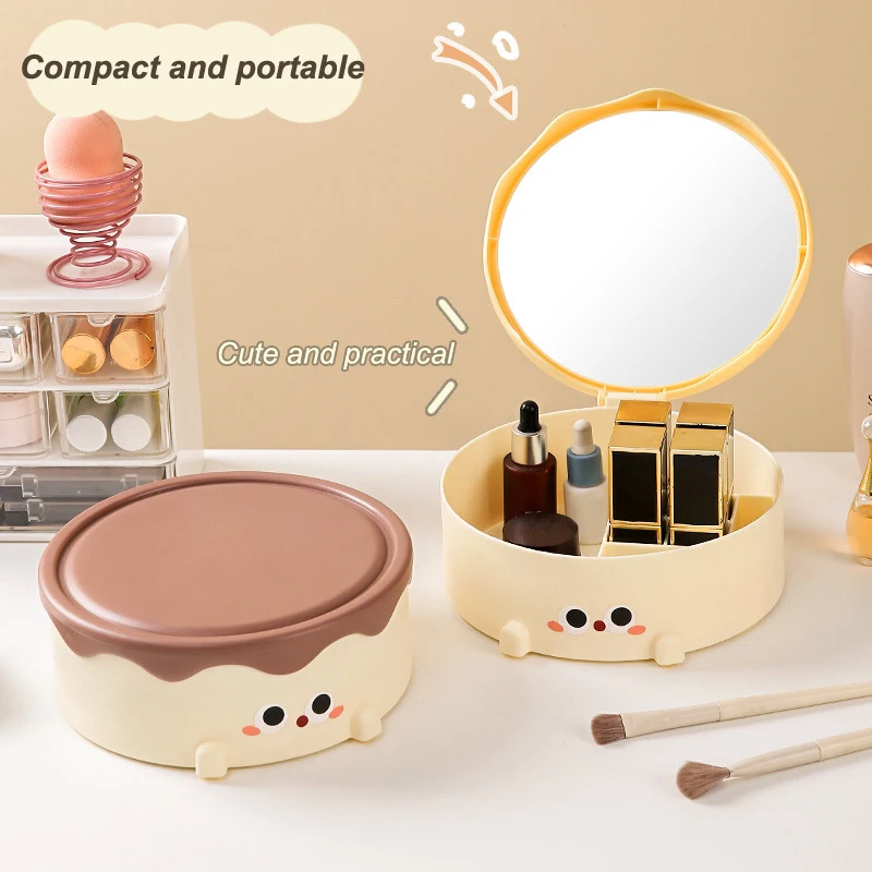 Cute Cake Bear Desktop Cosmetic Storage Box High-definition Makeup Mirror Large Capacity Makeup Jewelry Organizer