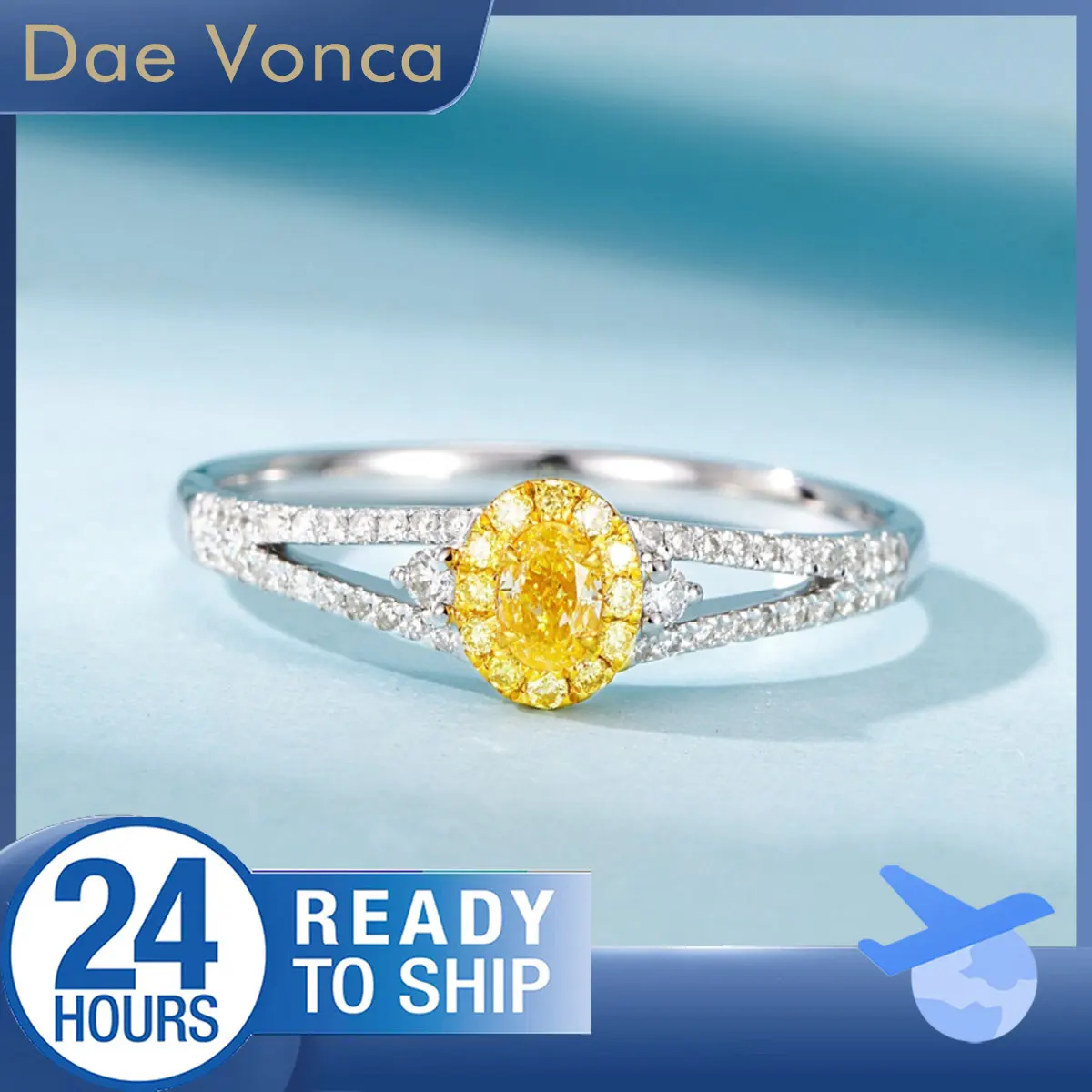 Yellow Diamond Halo Ring 18K White Gold Oval Cut Natural Diamond Ring White Diamond Pavé Split Shank & Side Stones Diamond Ring