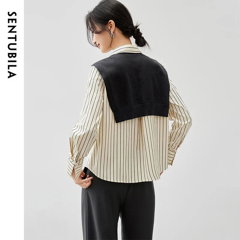 SENTUBILA Casual Striped Shirt Women 2025 Autumn Fall Wool Knit Shawl Comfort Long Sleeve Tops for Woman Clothing 143C56803