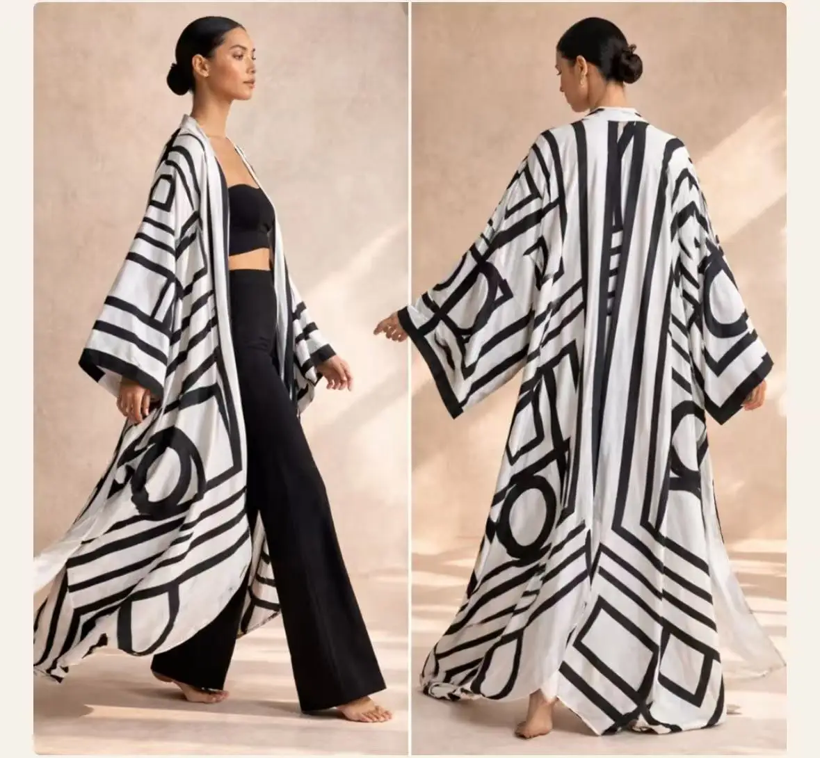 

Summer Fashion Open Front Silky Kimonos Robe Midnight Maze Floral Beach Cover Up Plus Size Long Kaftan Cardigans For Lady