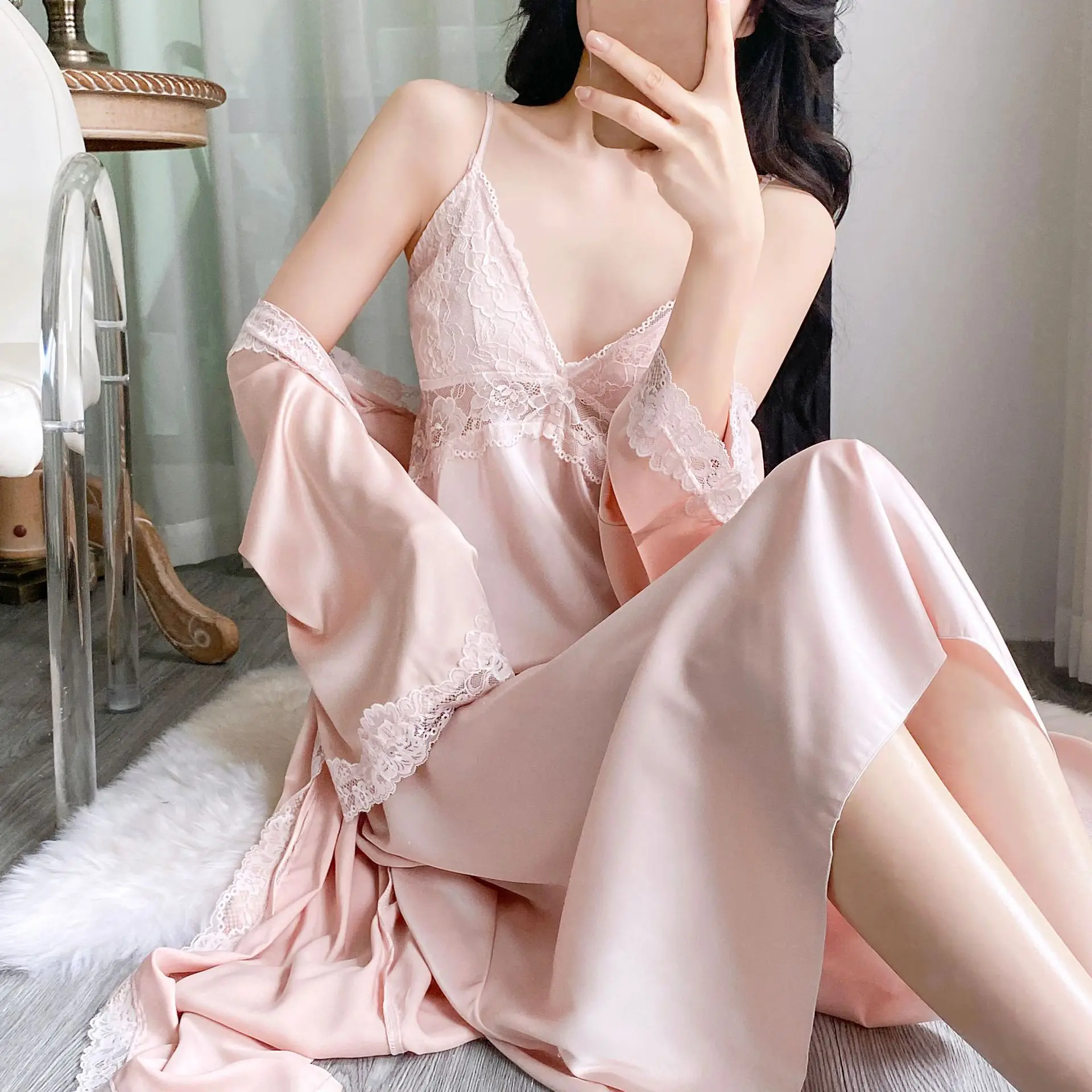 2Pcs Robe Set Long Palace Style Lace Patchwork Nightdress Kimono Loose Bride Wedding Dress Casual Outfit Home Clothes Loungewear