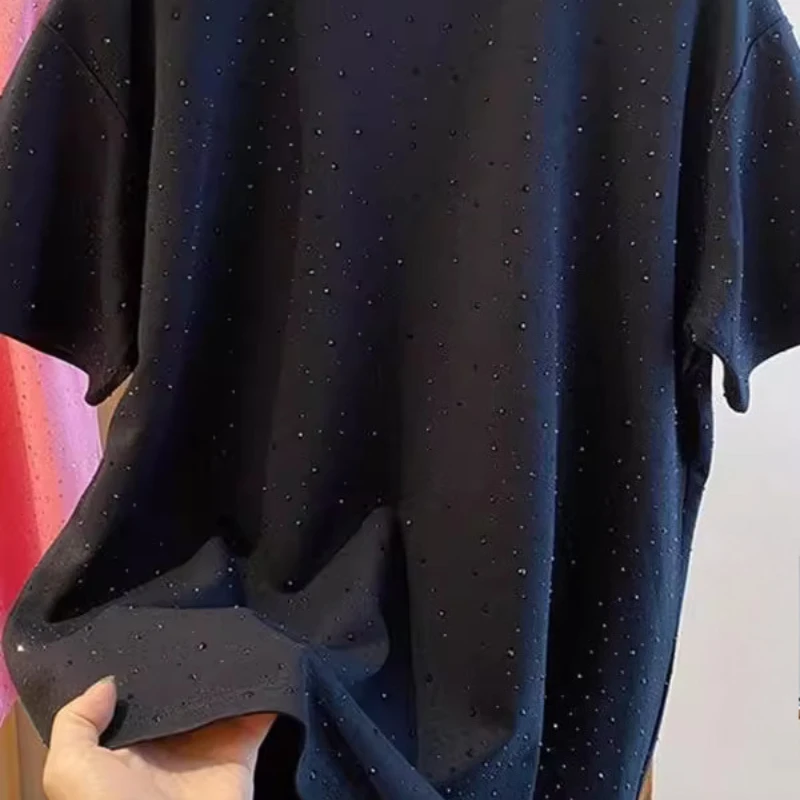 Over Size Hot Diamond Short-sleeve Solid Color T-shirts Men Women 2025 Summer New Couple Design Tees Fashion Full Diamond Tops