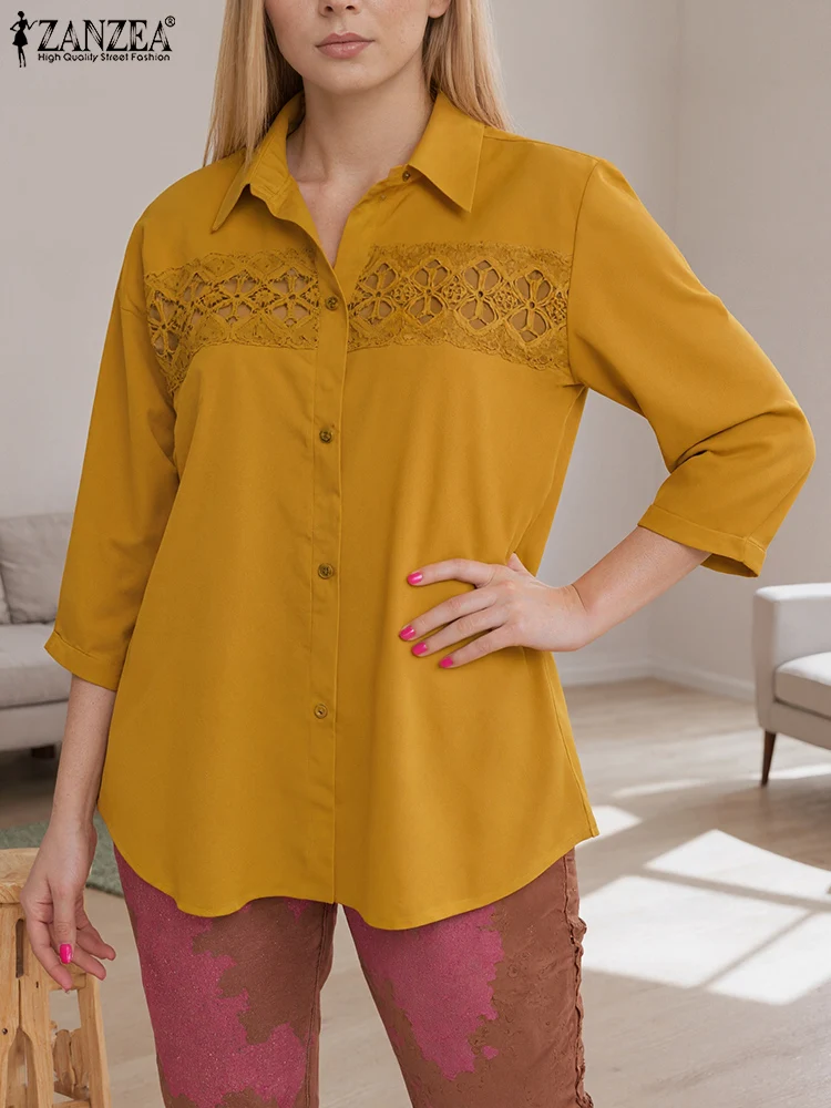 

ZANZEA Women Fashion Elegant Shirts 3/4 Sleeve Lapel Neck Casual Blouse 2025 Lace Tops Patchwork Loose Solid Color OL Blusas