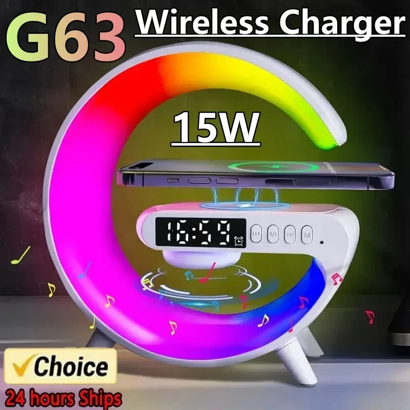 Multifunction Wireless Charger Pad Stand Speaker TF RGB Night Light 15W Fast Charging Station for iPhone Samsung Xiaomi Huawei