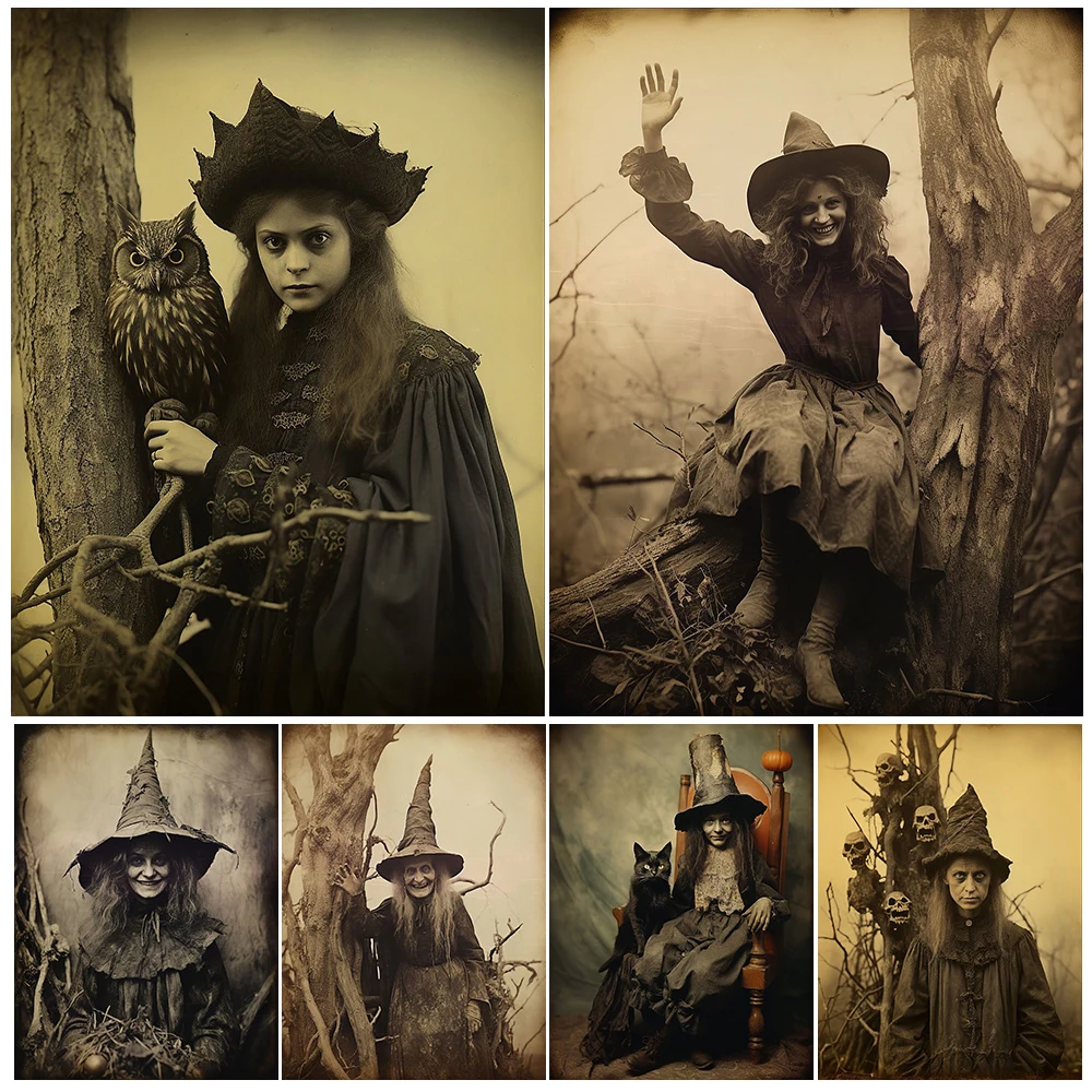 Witch In Pointed Hat Holding Broom Vintage Photography Wall Art Canvas Painting Victorian Witchcraft Photos Art Poster Print