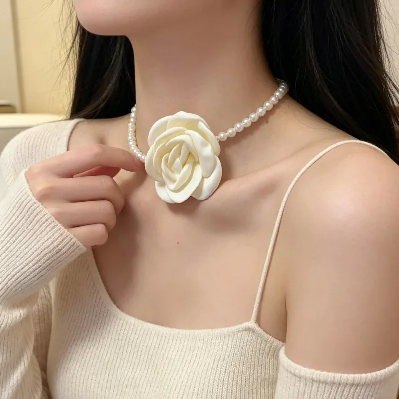 Silky Satin Camellia Pearl Choker Necklace Retro Vacation Charming Personality Lightweight Comfortable Versatile for Women Daily