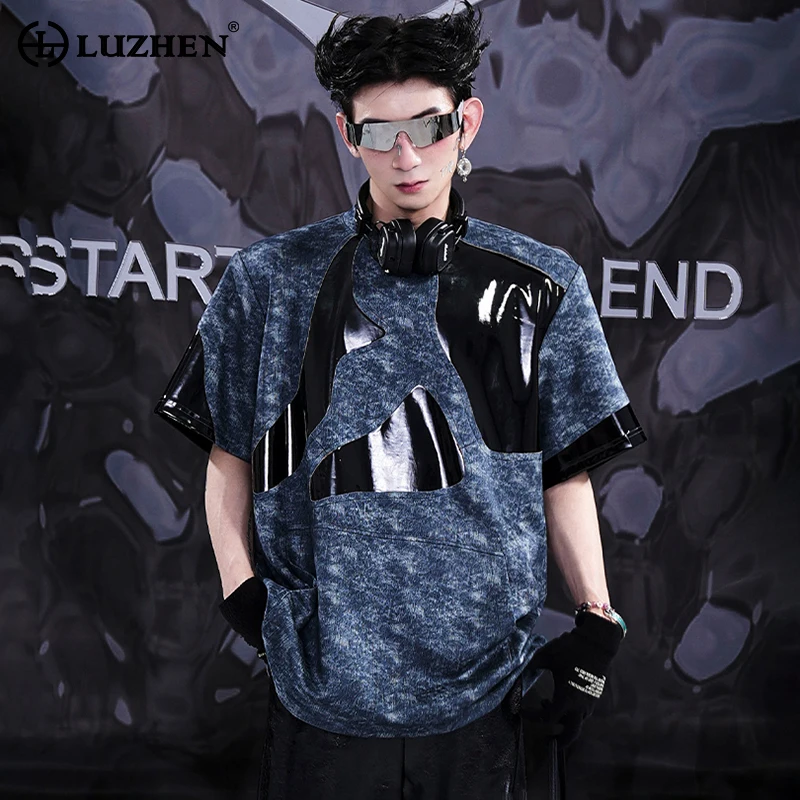 LUZHEN Niche Patchwork Leather Design Trendy Short Sleeved T Shirt Summer Original Street Wear Stylish Luxury Men's Tops LZ4467