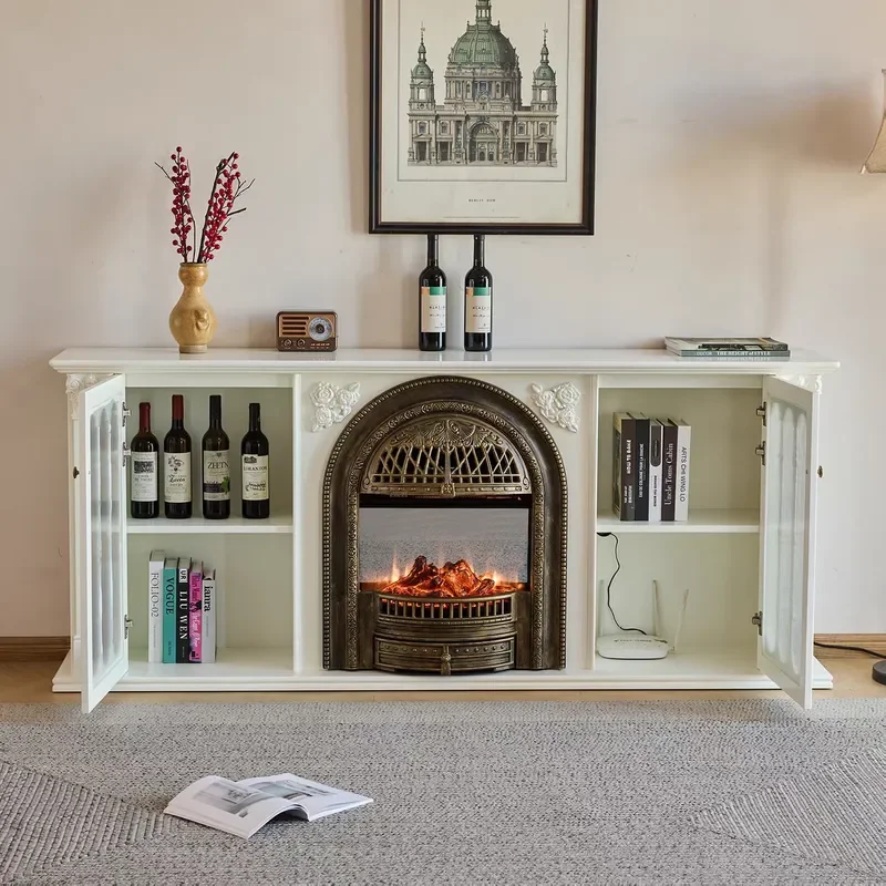 Cream White Simulated Fire Decorative Fireplace Cabinet Solid Wood TV Stand for Living Room Entrance Porch Villa Storage
