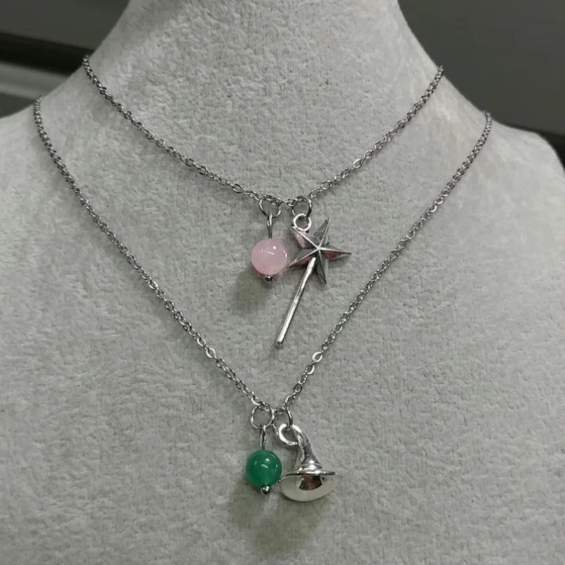 Wicked Necklace Glinda Rose Quartz Wand Necklace Elphaba Aventurine Hat Necklace Natural Gemstone Crystal Charm Necklace