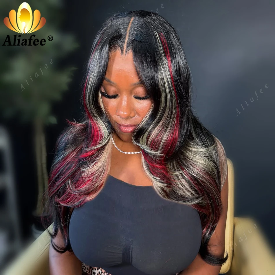 Black and Red with Blonde Highlight 13x6 HD Lace Front Body Wave Pre Plucked Skunk Stripe Wave Wigs for Christmas Party Use