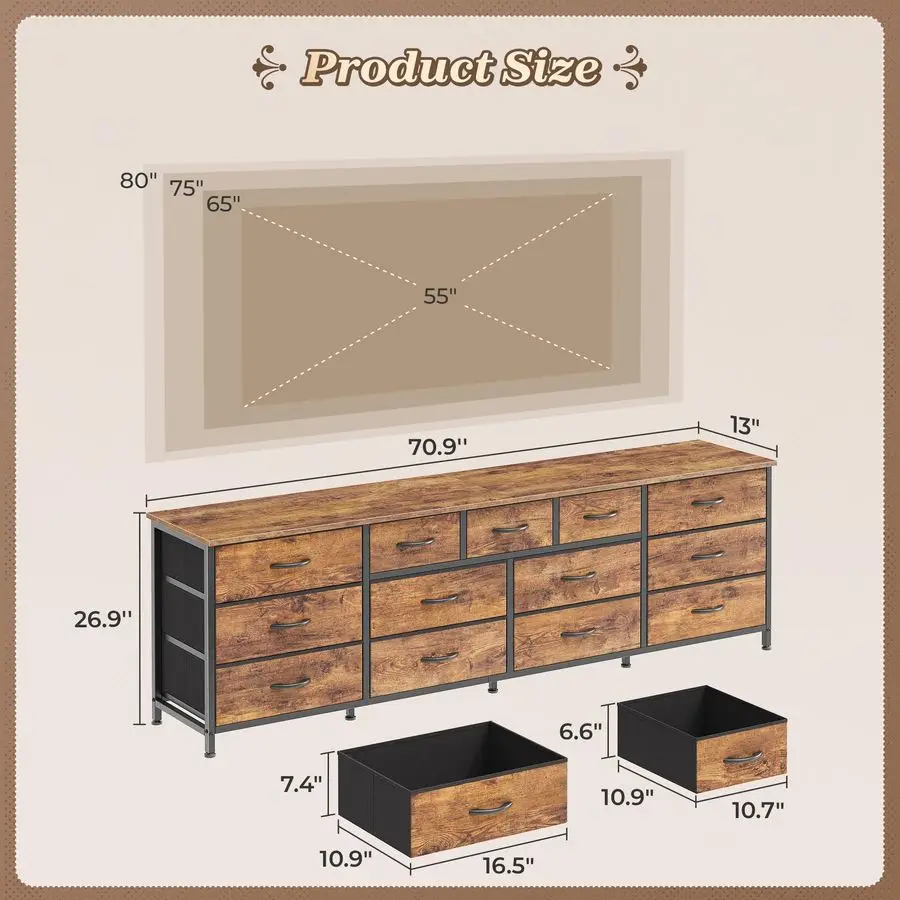 70 Inch Dresser for Bedroom, TV Stand for 65, 75, 80 Inch TV, 13 Fabric Drawer Long Dresser, Large Entertainment Center for Bed