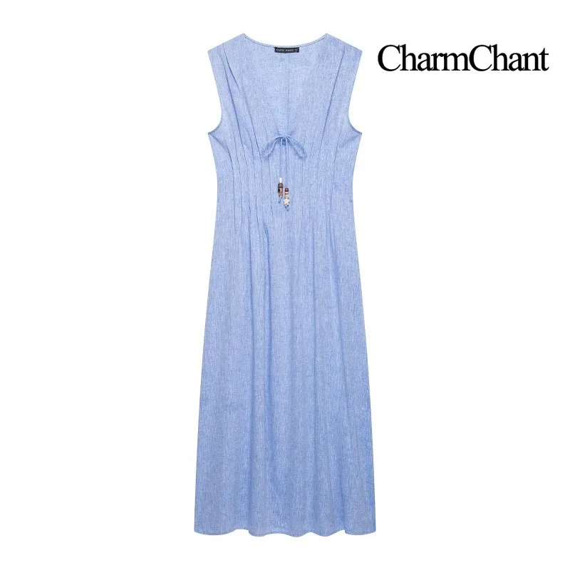 CHARMCHANT Women's V Neck Sleeveless Linen Midi Dress Front Pin Tucks Bead Drawstring Pocket Loose Casual Vacation Dress Summer