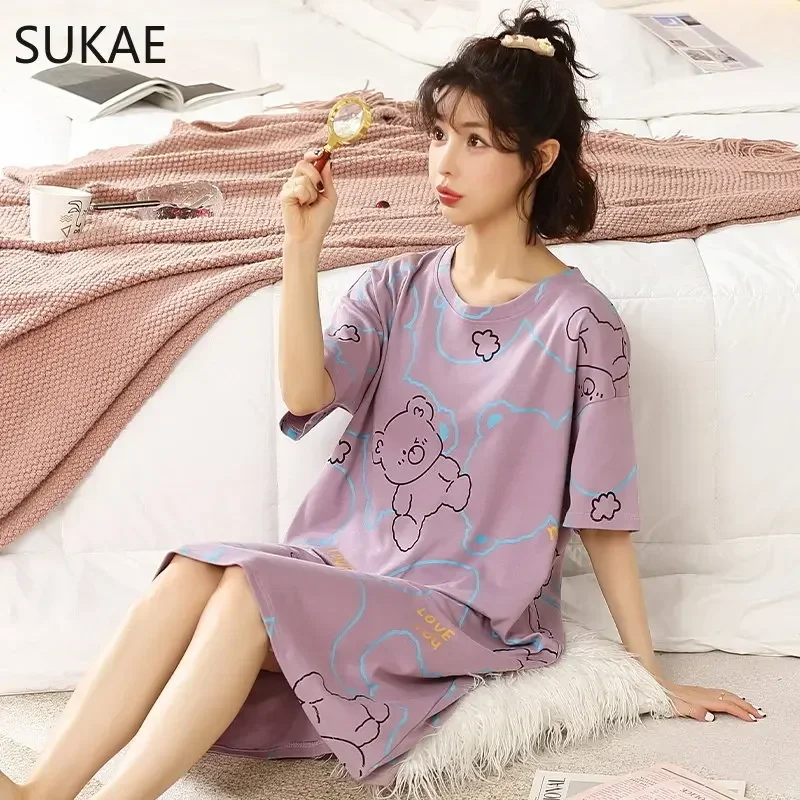 Sukae M-5XL vestido feminino com almofadas de sutiã verão camisola de algodão sleepshirt lazer camisolas longas lingerie para mulher