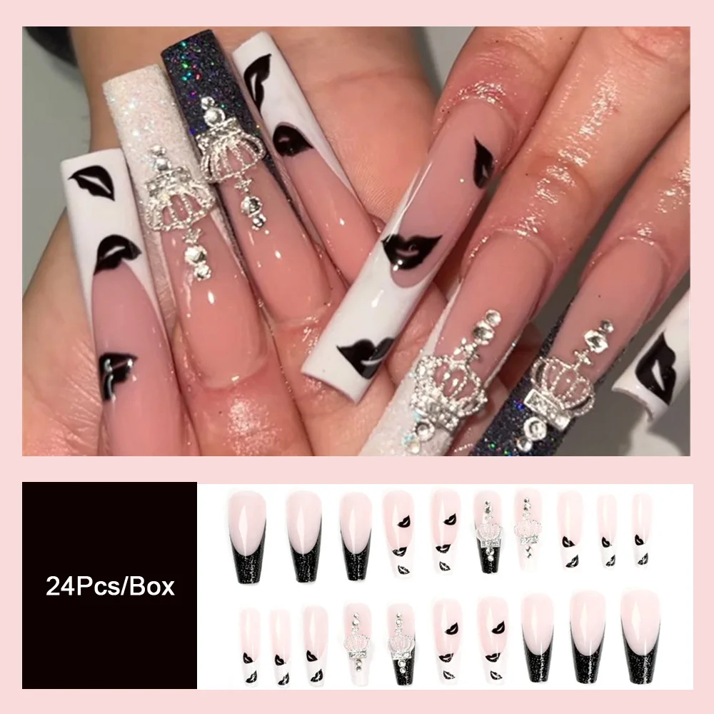 Black Lip Print Ballerina Fake Nails With Designs Fashion Crown Decor False Nails Set Press On Nails Fashion Party Manicure