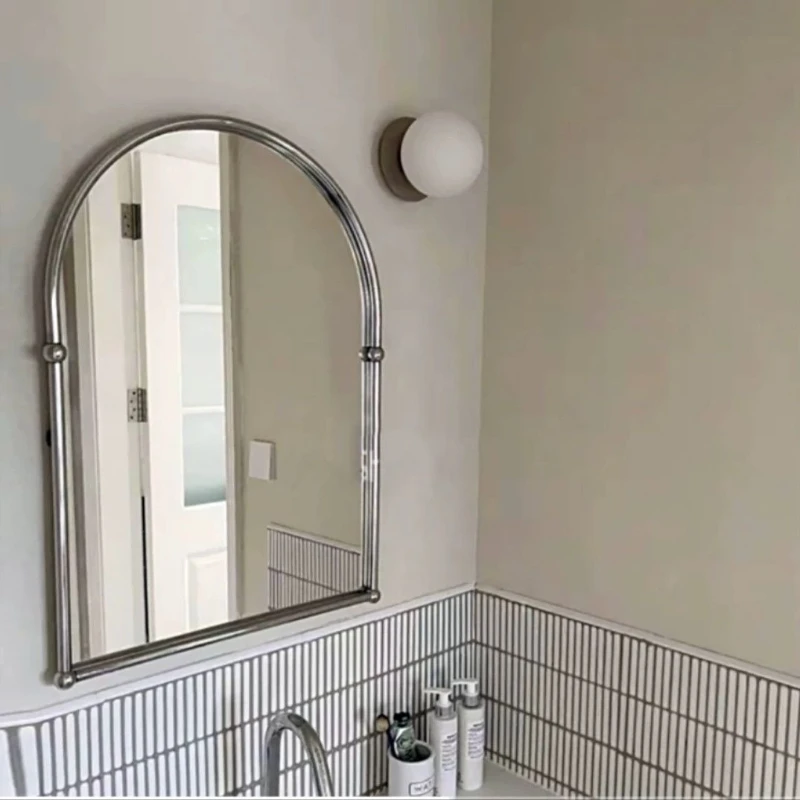 Retro Wall Mounted Arched Bathroom Mirror Simple Stainless Steel Vanity Mirror Rust Proof Bathroom Fixtures and Accessories