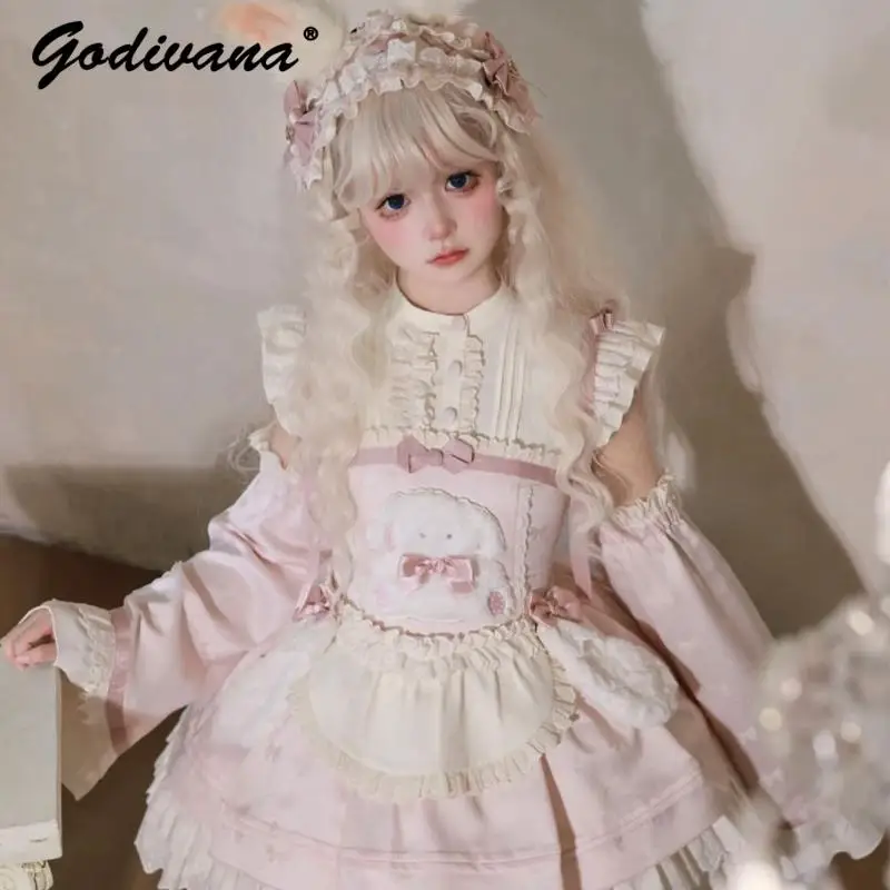 

Pink Lolita Tutu Dress Set Soft Girls Cute Sweet Doll Feeling Long Sleeve Slim Short Dress Apron Leg Warmer 4 Piece Set Outfits