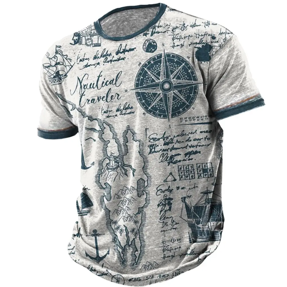 Vintage Men\'s Short Sleeve Shirt Compass Print T-shirt Nautical Tops Summer O-Neck Sweatshirt Tees Designer Daily Mens Clothing